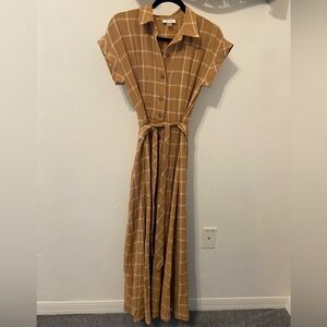 Calvin Klein Plaid Button-Down Dress in Tan